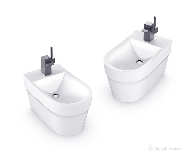 Two White Wall Mounted Bathroom Sinks with Black Faucets and Sleek Design 3d model 