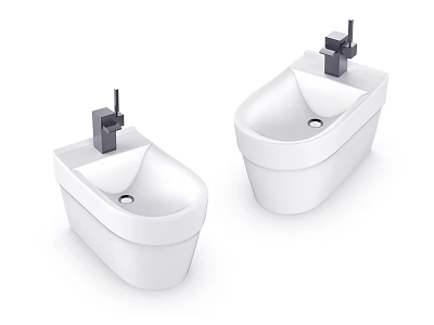 Two White Wall Mounted Bathroom Sinks with Black Faucets and Sleek Design 3d model