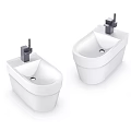 Two White Wall Mounted Bathroom Sinks with Black Faucets and Sleek Design