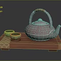 Traditional Patterned Teapot With Wooden Handle And Green Teacups On Red Wooden Tray