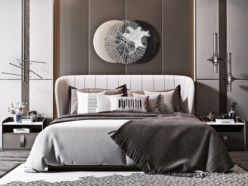 Elegant Modern Double Bed With Upholstered Headboard Pillows Throw Blanket And Nightstands 3d model 