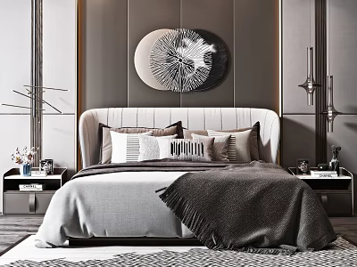 Elegant Modern Double Bed With Upholstered Headboard Pillows Throw Blanket And Nightstands 3d model