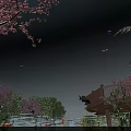 Scenic Park Landscape with Red Cherry Blossoms Purple Trees Wooden Deck Water Surface Flying Birds