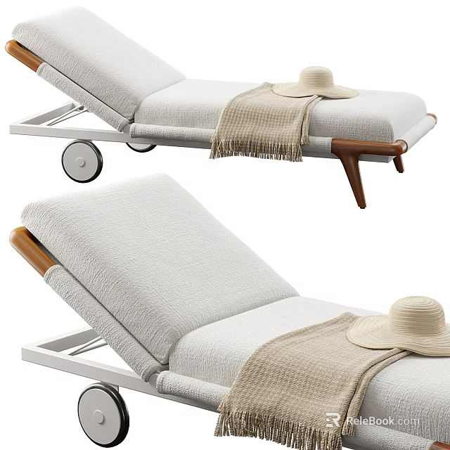 Stylish Sofa Bench Featuring White Cushion Wooden Armrest Wheels And Straw Hat Blanket 3d model 