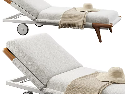 Stylish Sofa Bench Featuring White Cushion Wooden Armrest Wheels And Straw Hat Blanket 3d model