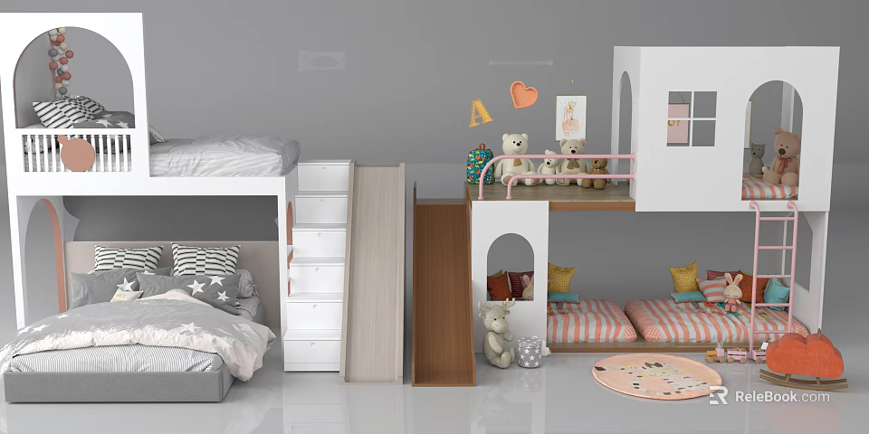 Children Bunk Bed In Kids Room With Ladder Slide Stuffed Toys And Striped Mattress 3d model 