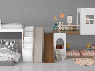Children Bunk Bed In Kids Room With Ladder Slide Stuffed Toys And Striped Mattress 3d model
