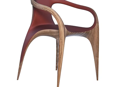 Modern Single Chair With Curved Wooden Armrests And Red Upholstered Seat 3d model