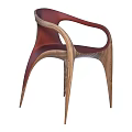 Modern Single Chair With Curved Wooden Armrests And Red Upholstered Seat