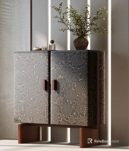 Modern Artistic Entryway Cabinet Sideboard With Swirl Patterns Gold Accents And Wooden Handles 3d model 