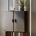 Modern Artistic Entryway Cabinet Sideboard With Swirl Patterns Gold Accents And Wooden Handles