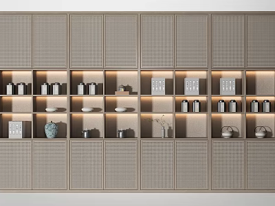Modern Chinese Decorative Cabinet Featuring Lattice Design And Illuminated Shelves With Decorative Items 3d model