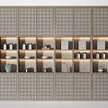 Modern Chinese Decorative Cabinet Featuring Lattice Design And Illuminated Shelves With Decorative Items