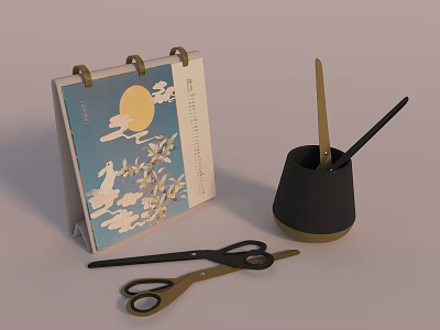 Household Items Including Decorative Calendar With Illustration Gold Black Scissors And Black Container 3d model