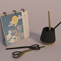 Household Items Including Decorative Calendar With Illustration Gold Black Scissors And Black Container