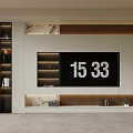 Modern TV Wall Design With Marble Panels Wooden Grille And Storage Cabinets