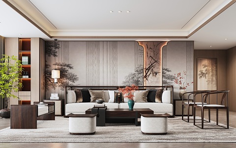 New Chinese Style Living Room Zen Style New Chinese Style Sofa Coffee Table Combination Sofa Background Wall Song Dynasty Aesthetics 3d model