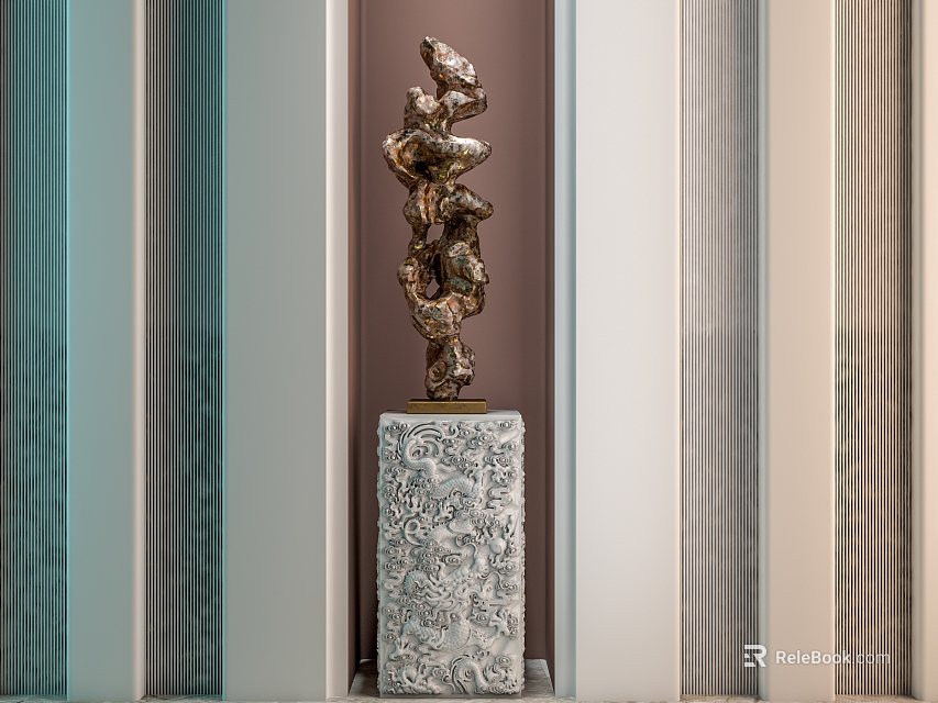 Modern Decorative Ornament Set With Metallic Abstract Design Carved Base And Striped Background Panels 3d model 