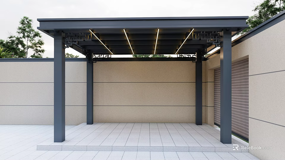 Modern Gazebo With Black Frame LED Strip Lights Light-colored Wall Gray Floor And Ornamental Details 3d model 