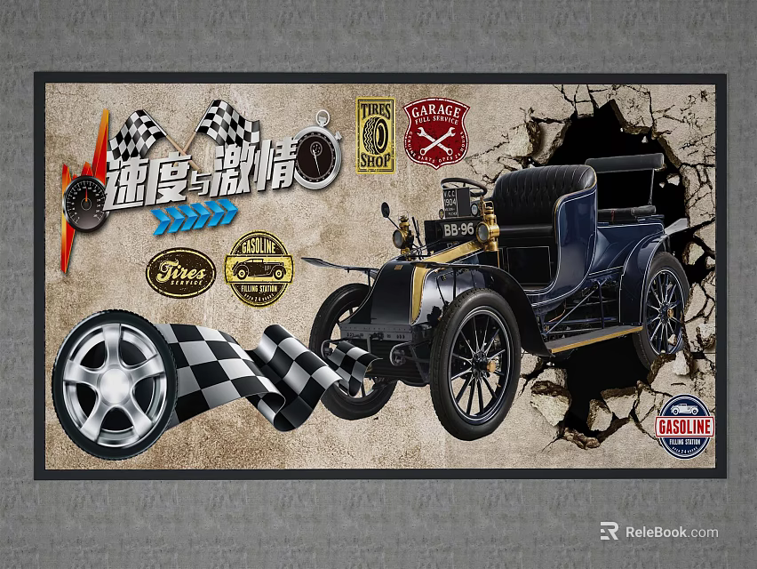 Vintage Classic Car Art With Racing Flags Badges And Tire Elements 3d model