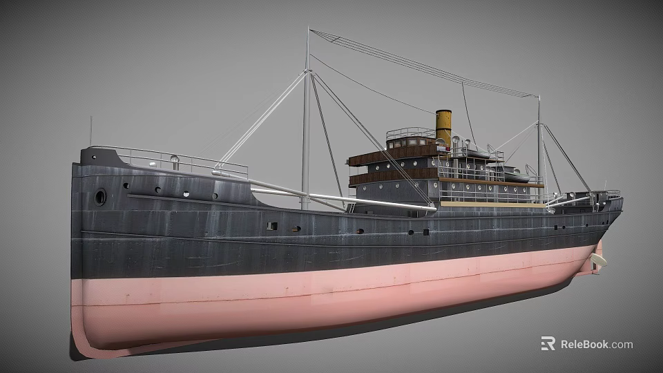Vintage Black And Pink Ship With Yellow Chimney And Upper Deck Structure 3d model 