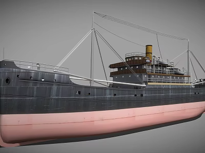 Vintage Black And Pink Ship With Yellow Chimney And Upper Deck Structure 3d model