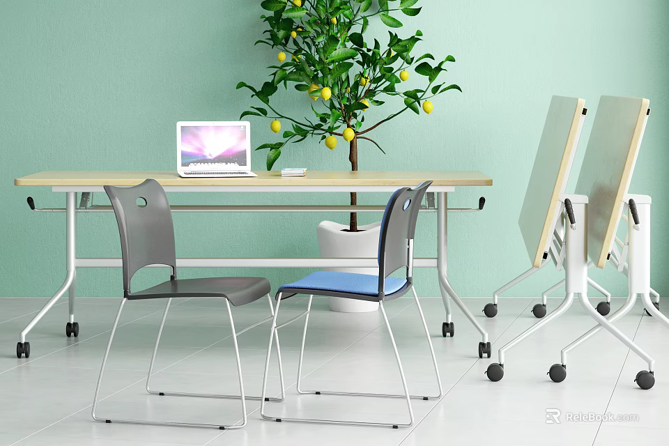 Modern Office Desk With Laptop Two Chairs Lemon Tree And Easels 3d model 