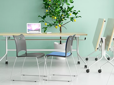 Modern Office Desk With Laptop Two Chairs Lemon Tree And Easels 3d model