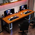 Gaming Office Desk With Dual Monitors Showing Character Keyboard Mouse Mug Gaming Chairs Red Lighting