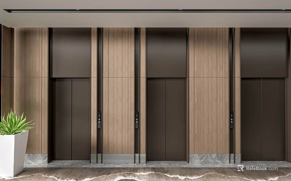 Modern Elevators Interior Design With Dark Doors Wood Paneling And Marble Base 3d model 