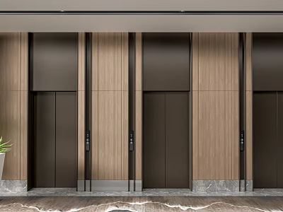 Modern Elevators Interior Design With Dark Doors Wood Paneling And Marble Base 3d model