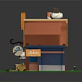 Cartoon Scene Featuring Cozy Shop Cheese Roof Blue Mug With Cream Striped Straw Little Figure