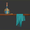 Yellow and Blue Decorative Bottle on Wooden Plank with Hanging Blue Cloth