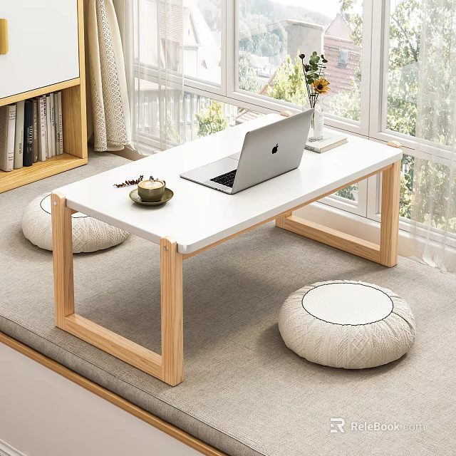 Cozy Home Interior With White Low Table Wooden Legs Laptop Coffee Cup Book Round Cushions 3d model 