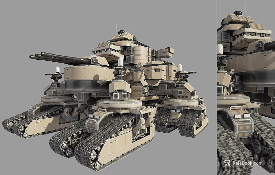 Futuristic Heavy Armored Tank With Multiple Turrets And Thick Tracks Design 3d model