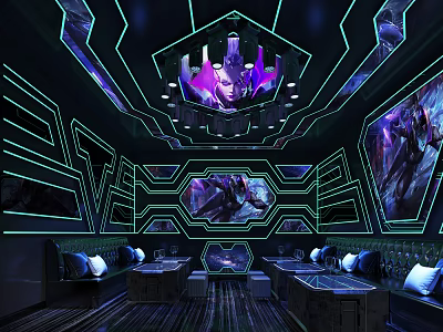 Modern Tech KTV Room Interior With Neon Lights Wall Murals Sofas And Tables 3d model