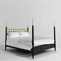 Double Bed with Black Frame Gold Bedposts Ornate Headboard and White Sheets 3d model