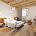 Modern Hotel Room Interior With Wooden Ceiling Pendant Lights Marble Partition Area Rug And Table Stools