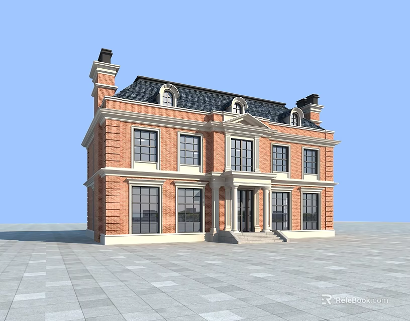 European Style Architecture With Red Brick Exterior Black Roof And Porch Design 3d model 