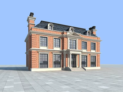 European Style Architecture With Red Brick Exterior Black Roof And Porch Design 3d model