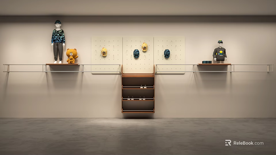 Modern Clothing Store Display With Mannequins Hats Teddy Bear And Shelves 3d model 