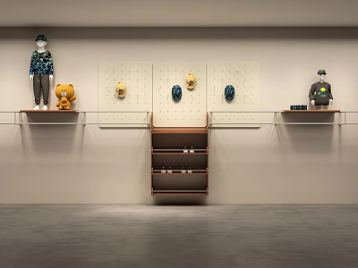 Modern Clothing Store Display With Mannequins Hats Teddy Bear And Shelves 3d model