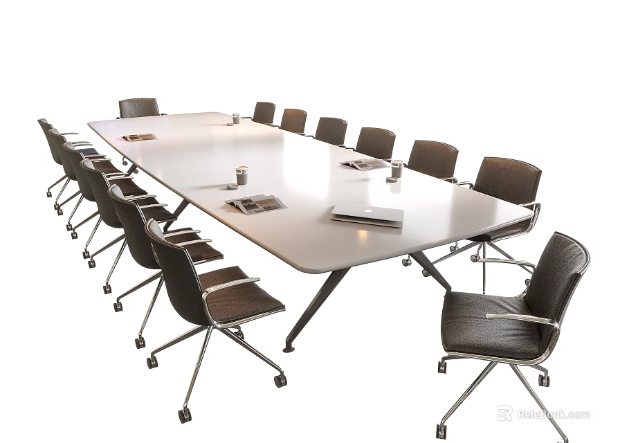 Modern Office Conference Table With Ergonomic Rolling Chairs And Documents Water Glasses 3d model 