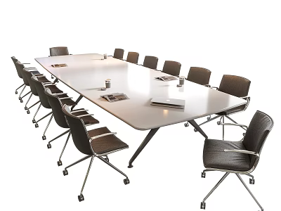 Modern Office Conference Table With Ergonomic Rolling Chairs And Documents Water Glasses 3d model