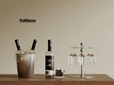 Stylish Wine Bottles and Glasses with Ice Bucket Vodka and Glass Holder on Wooden Table 3d model