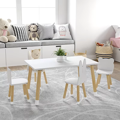 Cozy Kids Bedroom White Table And Chairs Set With Wooden Legs Animal Design 3d model