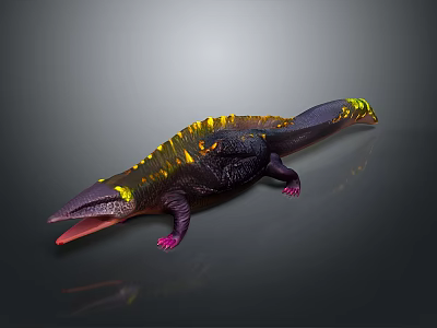 3D Rendered Fantasy Animal with Yellow Purple Scaled Body Open Mouth and Pink Claws 3d model