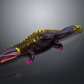 3D Rendered Fantasy Animal with Yellow Purple Scaled Body Open Mouth and Pink Claws