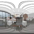 Modern Bank Reception Area With Circular Counter And Marble Background Wall