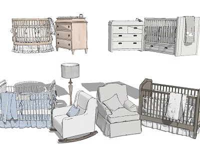 Cozy Baby Crib with Matching Dresser Rocker and Lamp in Nursery 3d model